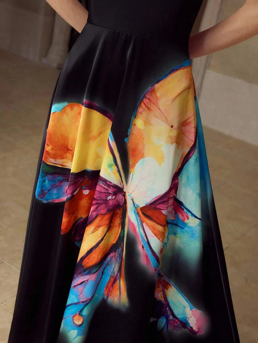 PREMIUM WOMENS MIDLENGTH BUTTERFLY PRINTED LOOSE COWL COLLAR DRESS WITHOUT BELT