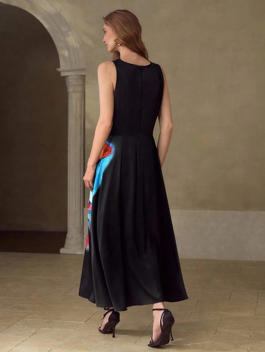 PREMIUM WOMENS MIDLENGTH BUTTERFLY PRINTED LOOSE COWL COLLAR DRESS WITHOUT BELT