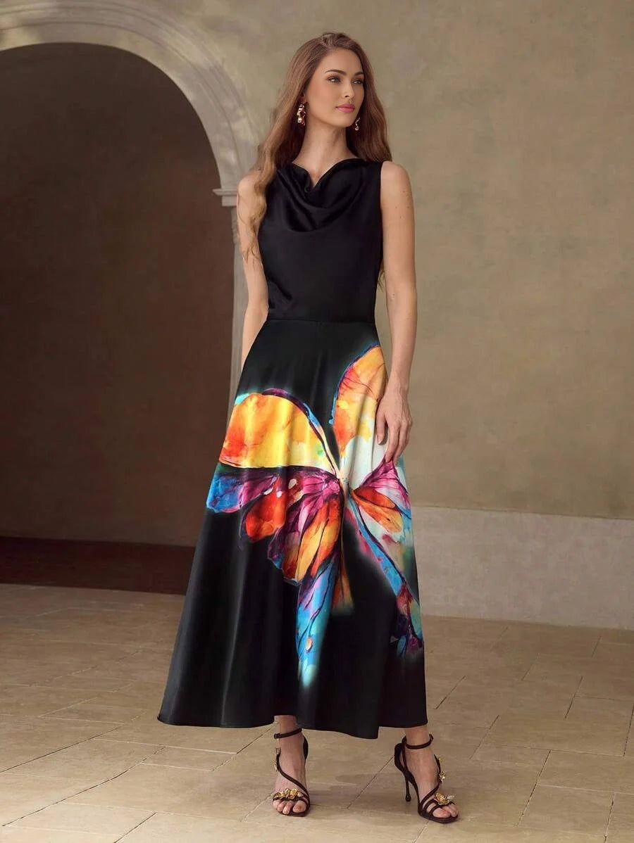 PREMIUM WOMENS MIDLENGTH BUTTERFLY PRINTED LOOSE COWL COLLAR DRESS WITHOUT BELT