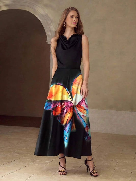 PREMIUM WOMENS MIDLENGTH BUTTERFLY PRINTED LOOSE COWL COLLAR DRESS WITHOUT BELT