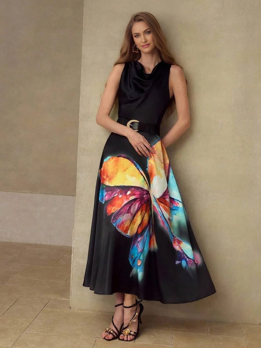 PREMIUM WOMENS MIDLENGTH BUTTERFLY PRINTED LOOSE COWL COLLAR DRESS WITHOUT BELT