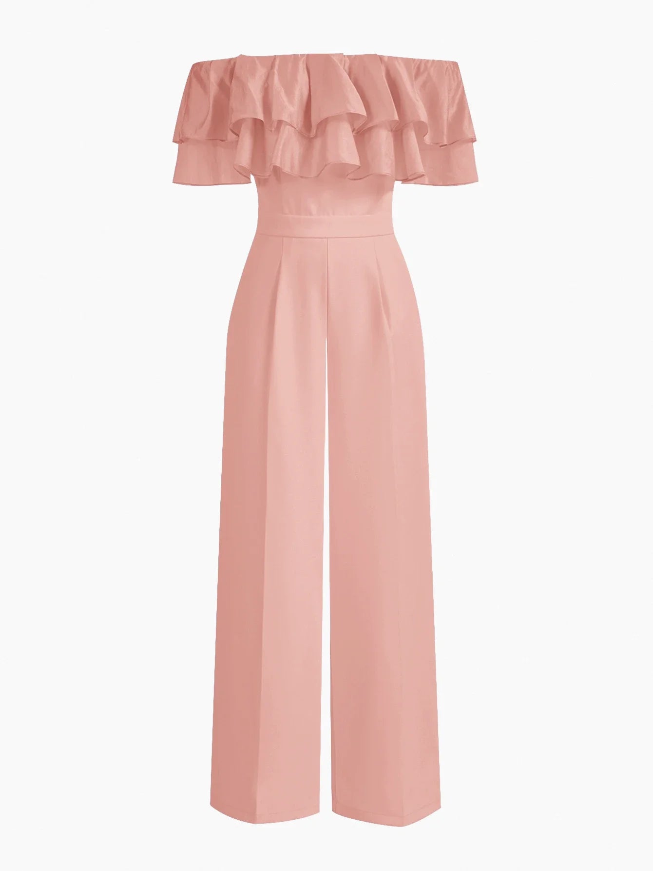 PREMIUM WOMENS OFF SHOULDER RUFFLE TRIM FITTED WAIST LONG JUMPSUIT