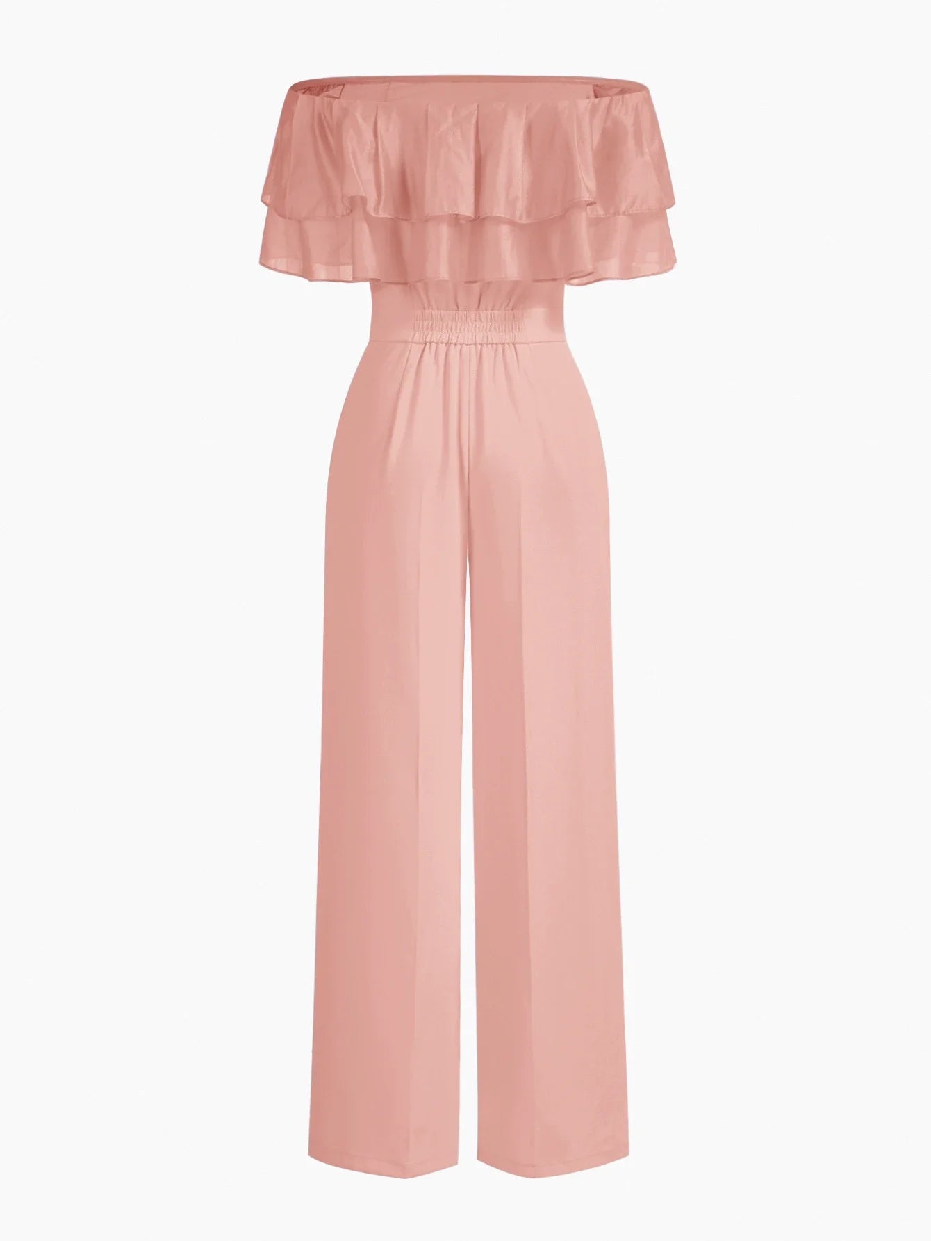 PREMIUM WOMENS OFF SHOULDER RUFFLE TRIM FITTED WAIST LONG JUMPSUIT