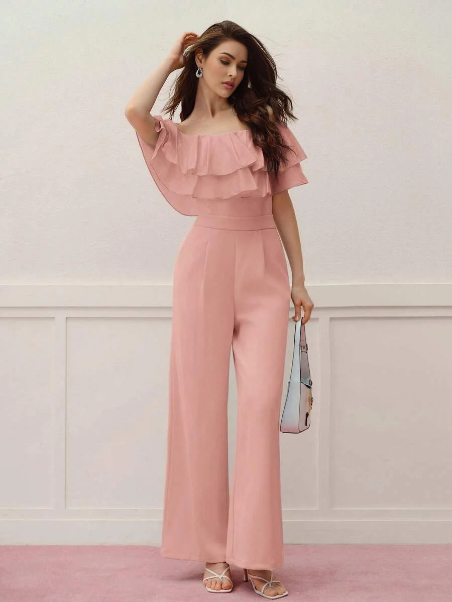 PREMIUM WOMENS OFF SHOULDER RUFFLE TRIM FITTED WAIST LONG JUMPSUIT