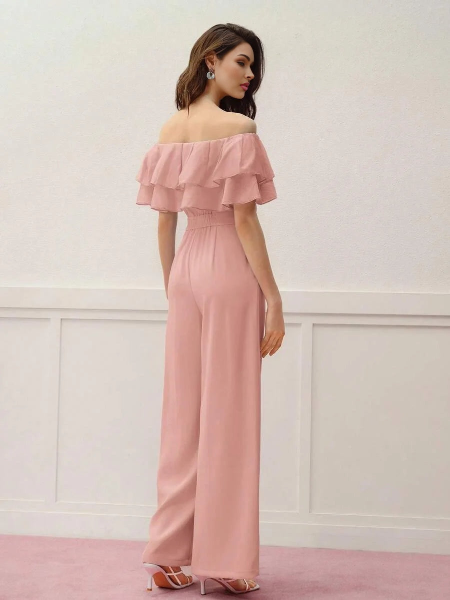 PREMIUM WOMENS OFF SHOULDER RUFFLE TRIM FITTED WAIST LONG JUMPSUIT