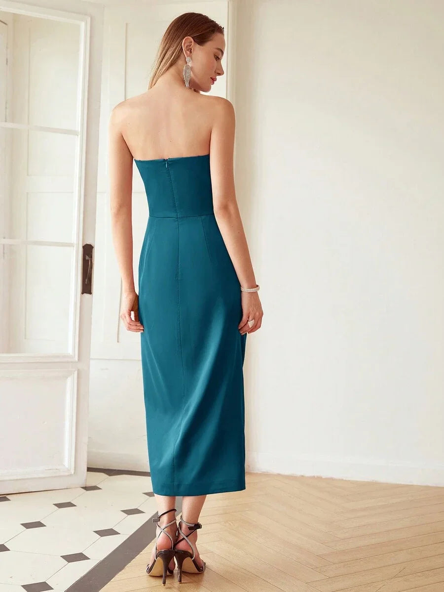 PREMIUM WOMENS PLEATED WRAP AROUND HEM BANDEAU DRESS