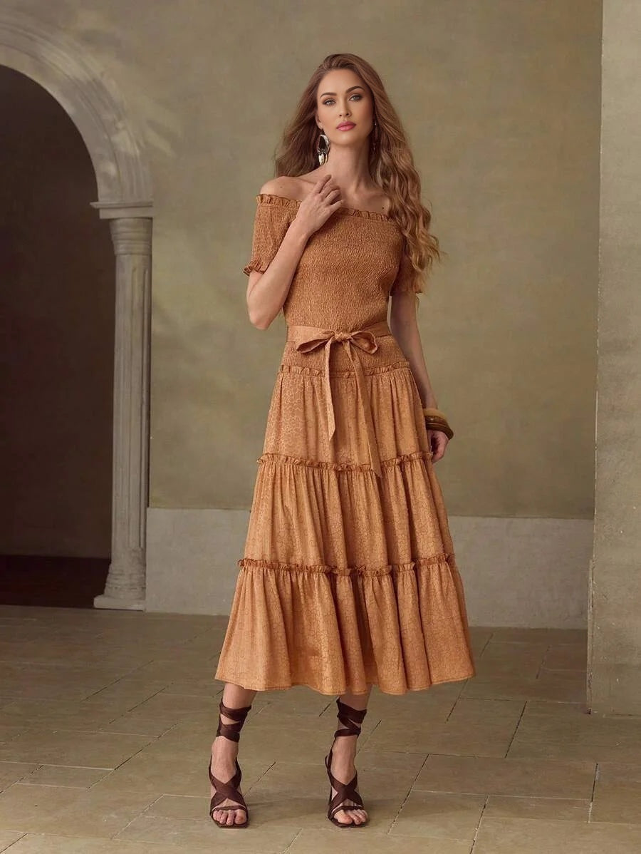 PREMIUM WOMENS ROMANTIC JACQUARD VACATION amp DATE OFF SHOULDER MIDI DRESS