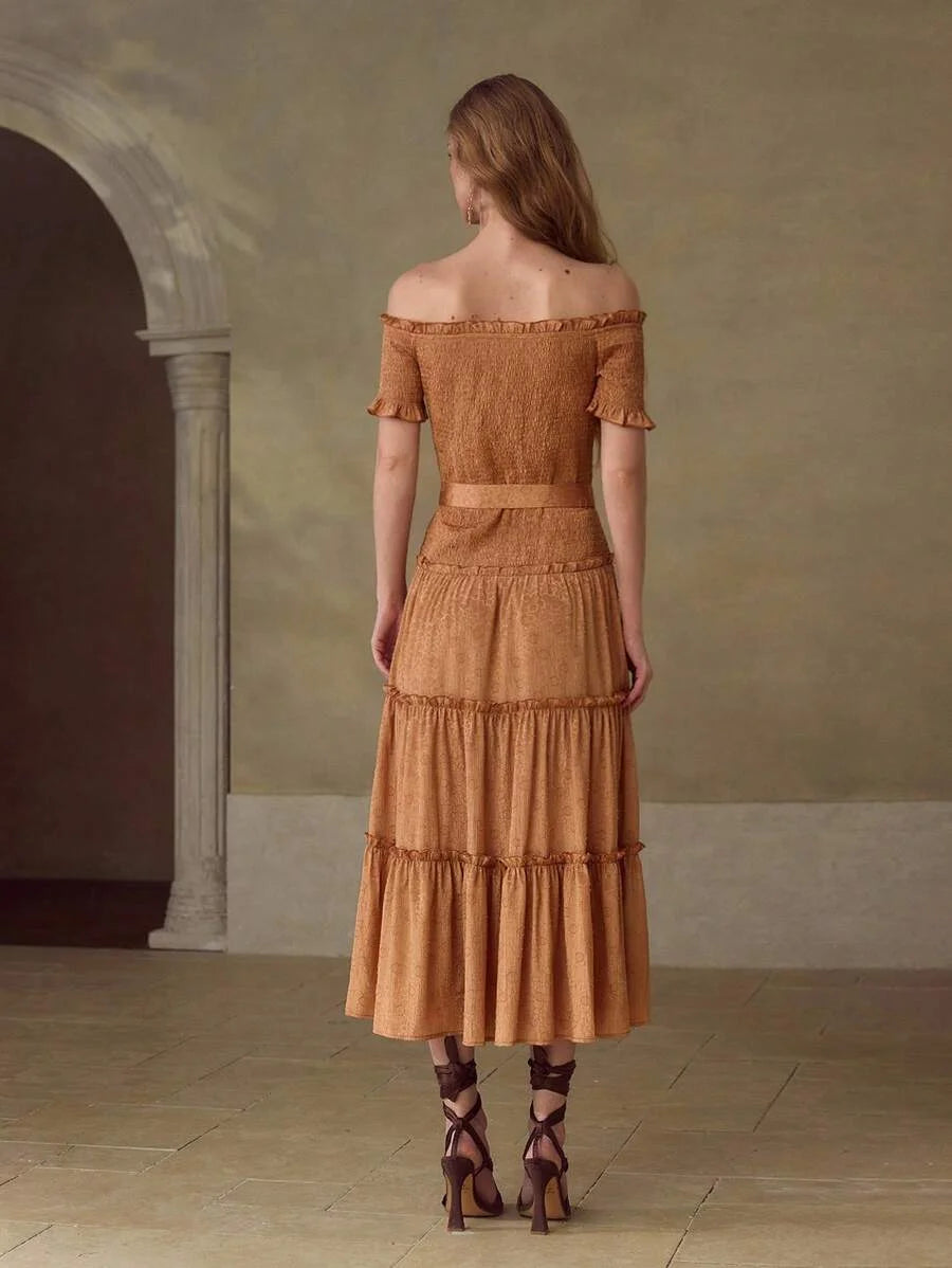 PREMIUM WOMENS ROMANTIC JACQUARD VACATION amp DATE OFF SHOULDER MIDI DRESS