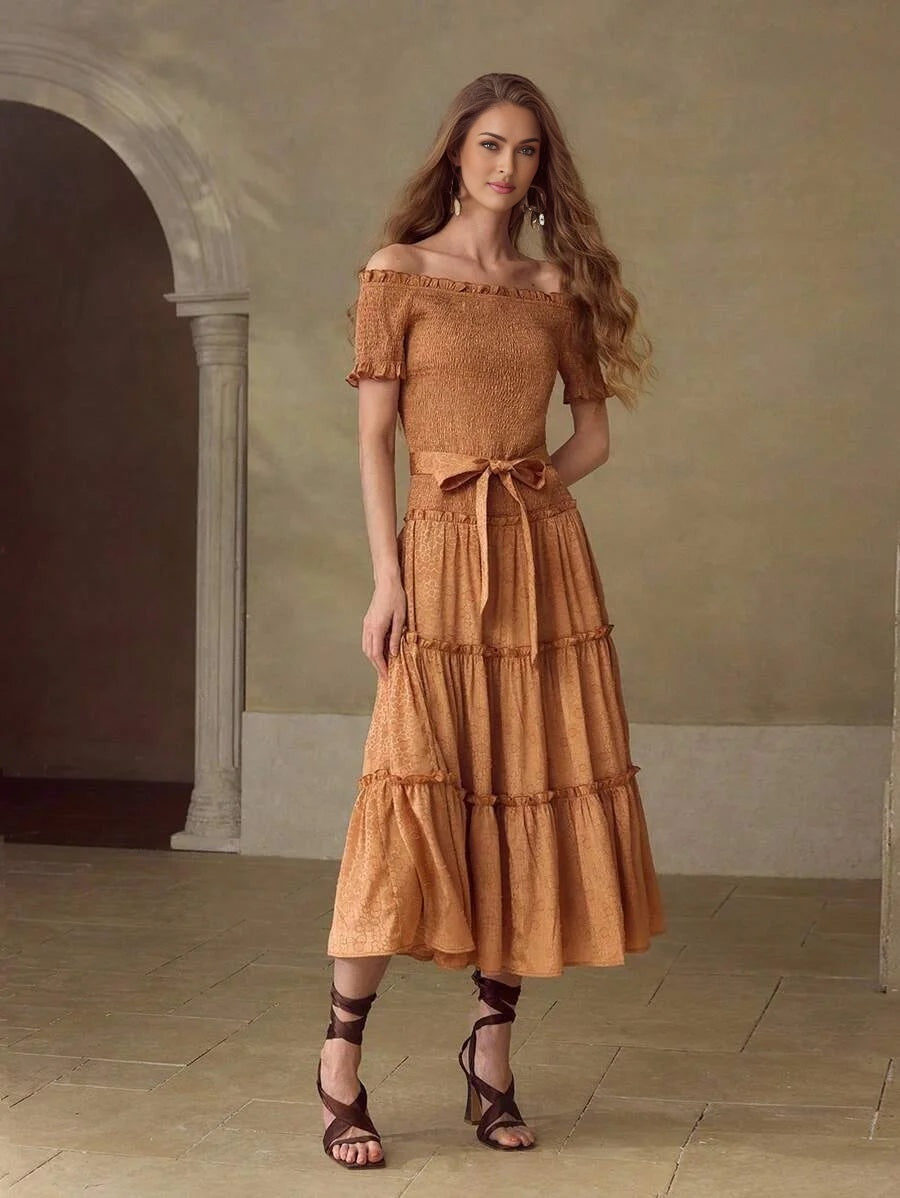 PREMIUM WOMENS ROMANTIC JACQUARD VACATION amp DATE OFF SHOULDER MIDI DRESS