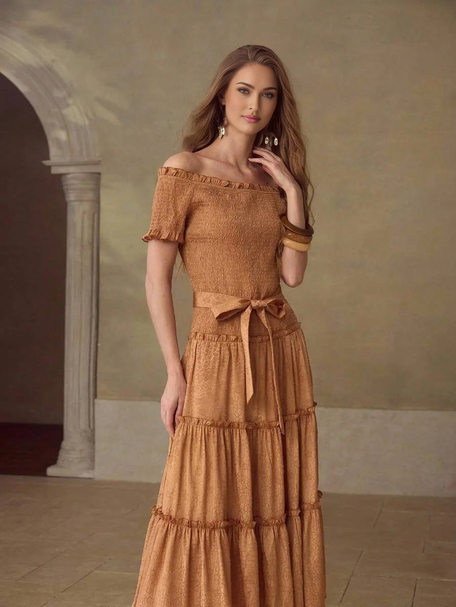 PREMIUM WOMENS ROMANTIC JACQUARD VACATION amp DATE OFF SHOULDER MIDI DRESS