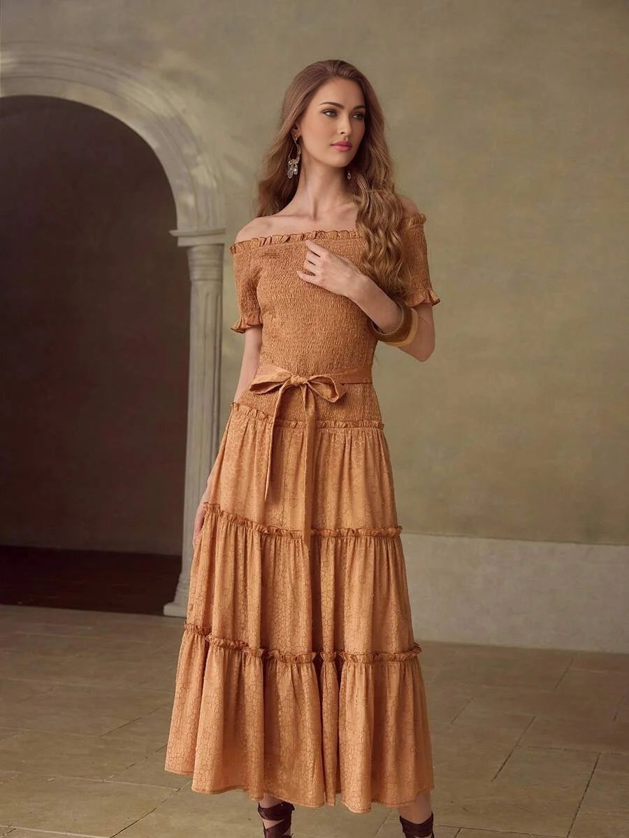 PREMIUM WOMENS ROMANTIC JACQUARD VACATION amp DATE OFF SHOULDER MIDI DRESS