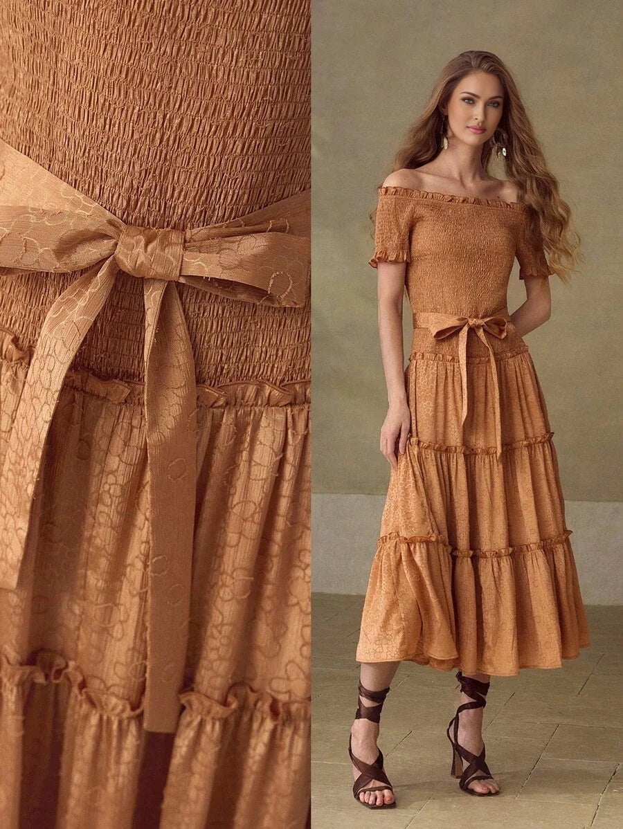 PREMIUM WOMENS ROMANTIC JACQUARD VACATION amp DATE OFF SHOULDER MIDI DRESS