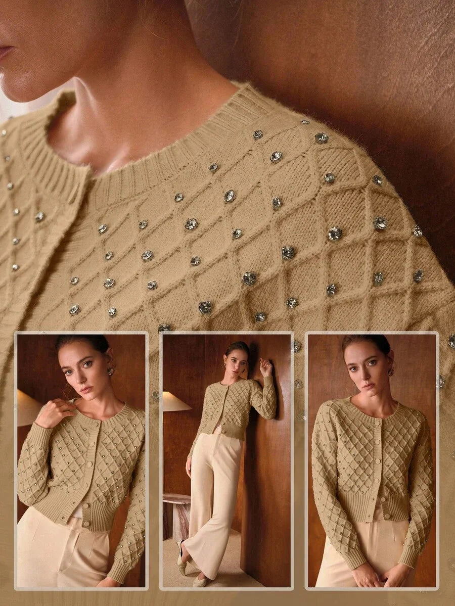 PREMIUM WOMENS ROUND NECK LONG SLEEVE RHINESTONE DECOR ELEGANT LONG SLEEVE CARDIGAN