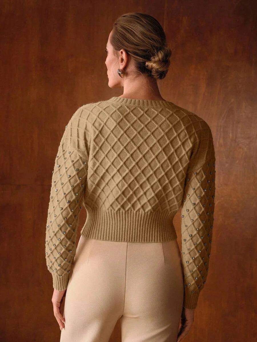 PREMIUM WOMENS ROUND NECK LONG SLEEVE RHINESTONE DECOR ELEGANT LONG SLEEVE CARDIGAN