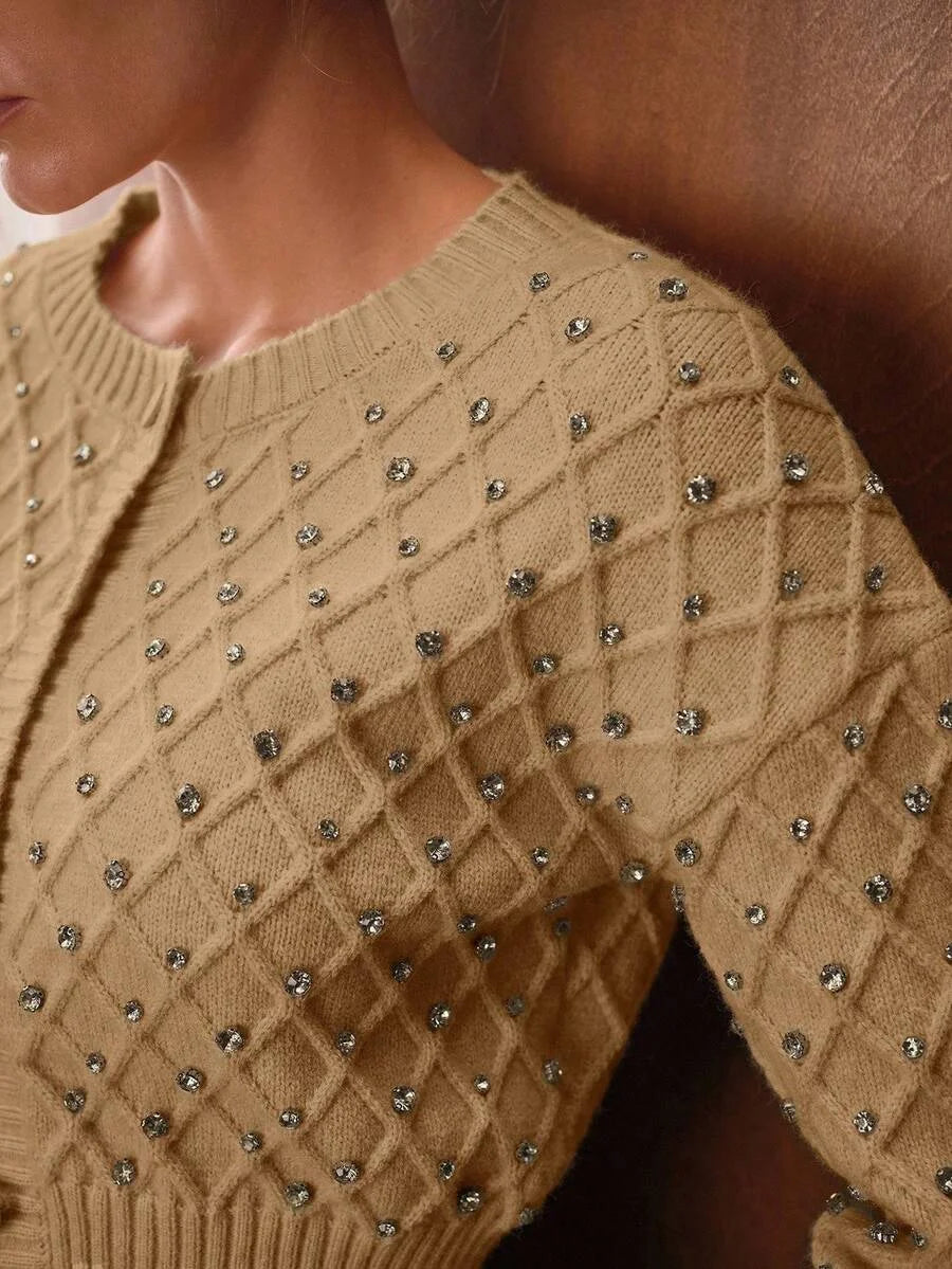 PREMIUM WOMENS ROUND NECK LONG SLEEVE RHINESTONE DECOR ELEGANT LONG SLEEVE CARDIGAN