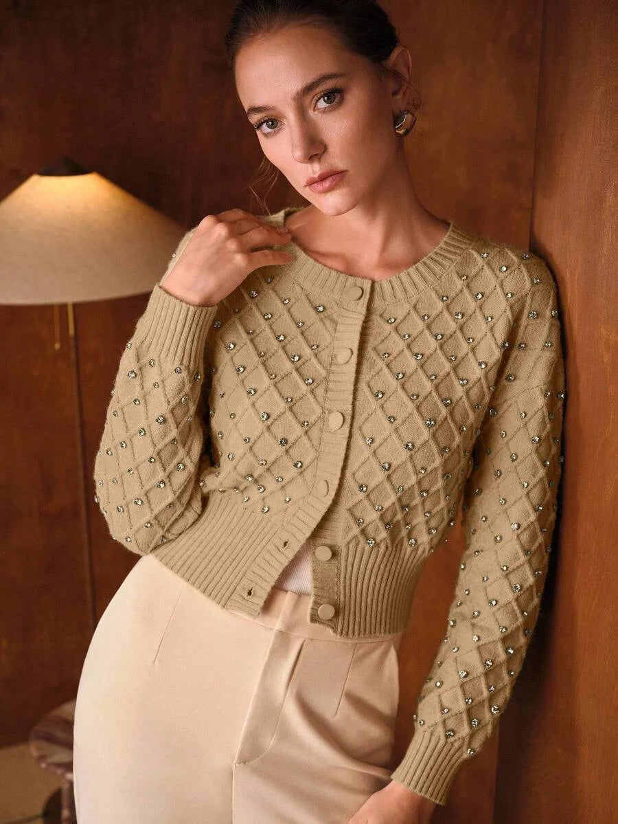 PREMIUM WOMENS ROUND NECK LONG SLEEVE RHINESTONE DECOR ELEGANT LONG SLEEVE CARDIGAN