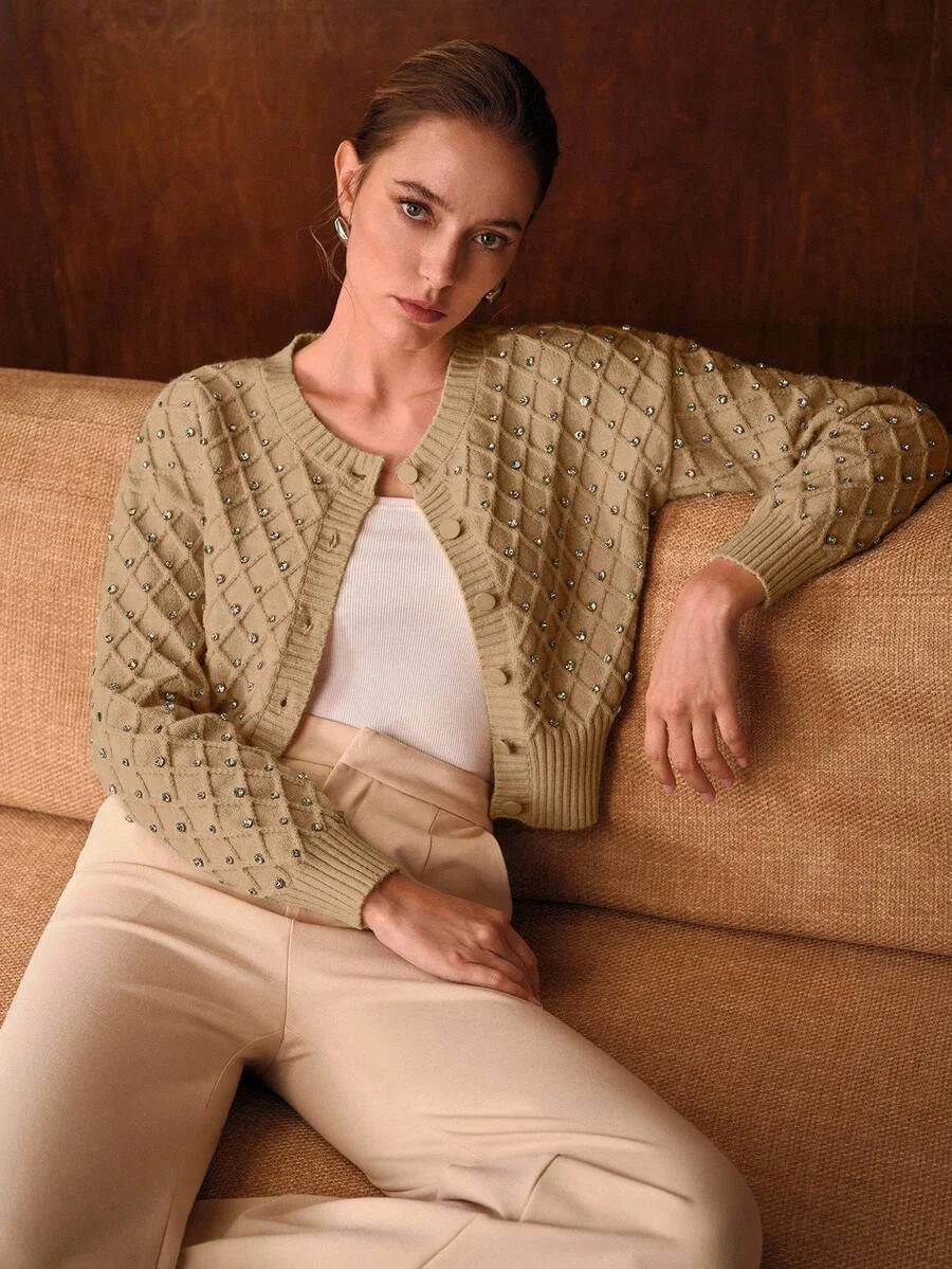 PREMIUM WOMENS ROUND NECK LONG SLEEVE RHINESTONE DECOR ELEGANT LONG SLEEVE CARDIGAN