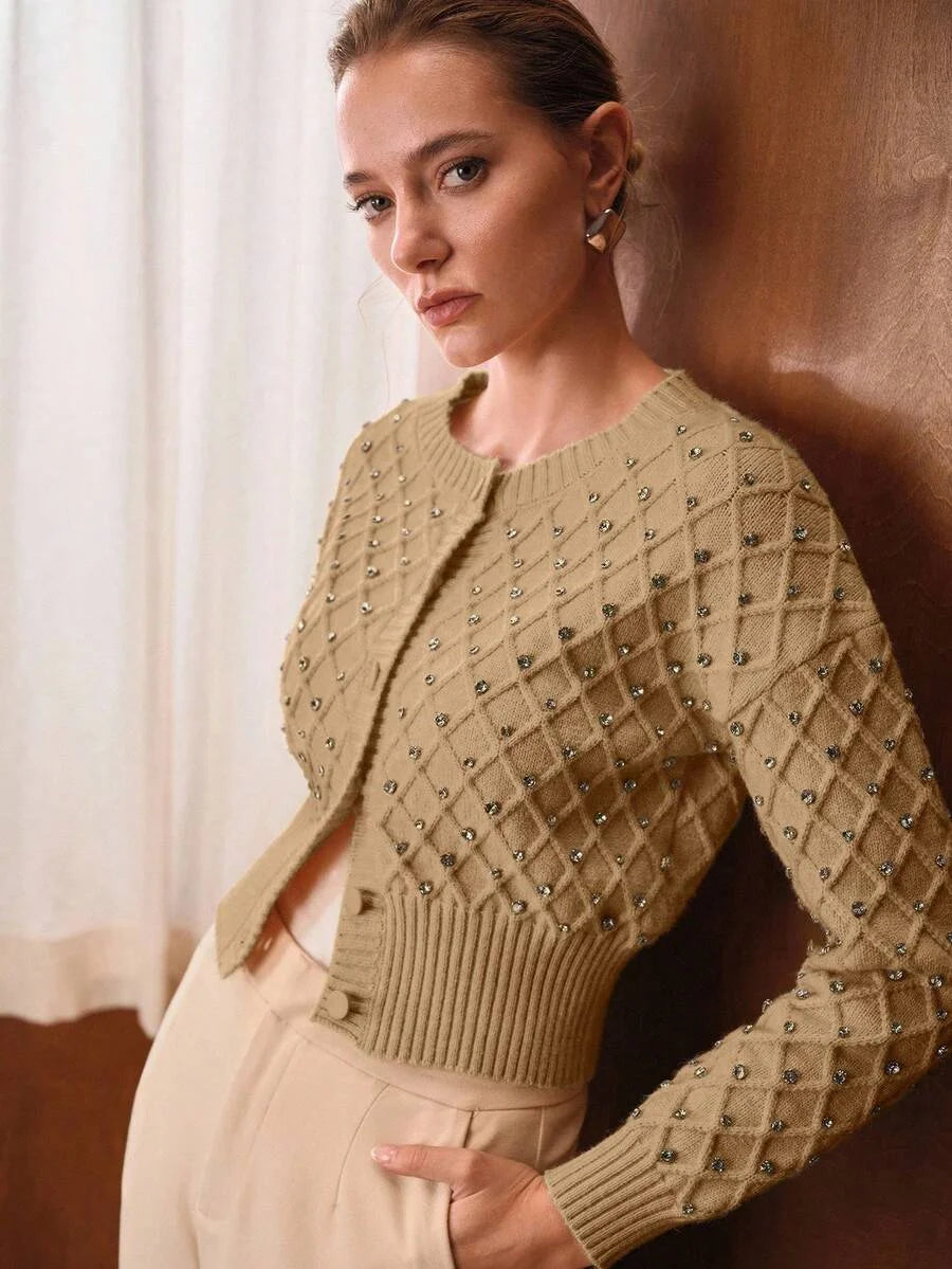 PREMIUM WOMENS ROUND NECK LONG SLEEVE RHINESTONE DECOR ELEGANT LONG SLEEVE CARDIGAN