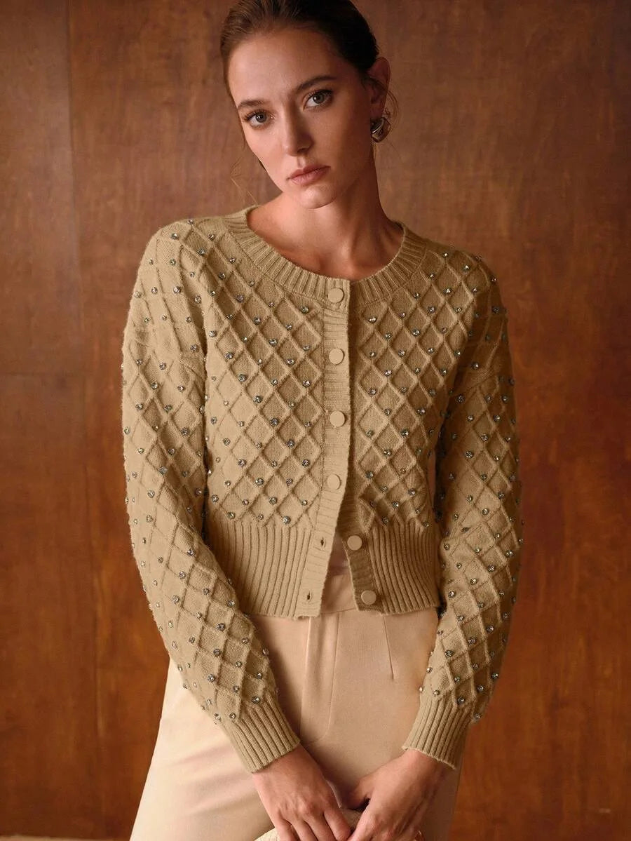 PREMIUM WOMENS ROUND NECK LONG SLEEVE RHINESTONE DECOR ELEGANT LONG SLEEVE CARDIGAN