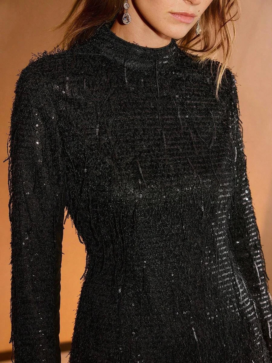 PREMIUM WOMENS SEQUIN TASSEL ELEGANT FITTED DRESS AUTUMNWINTER