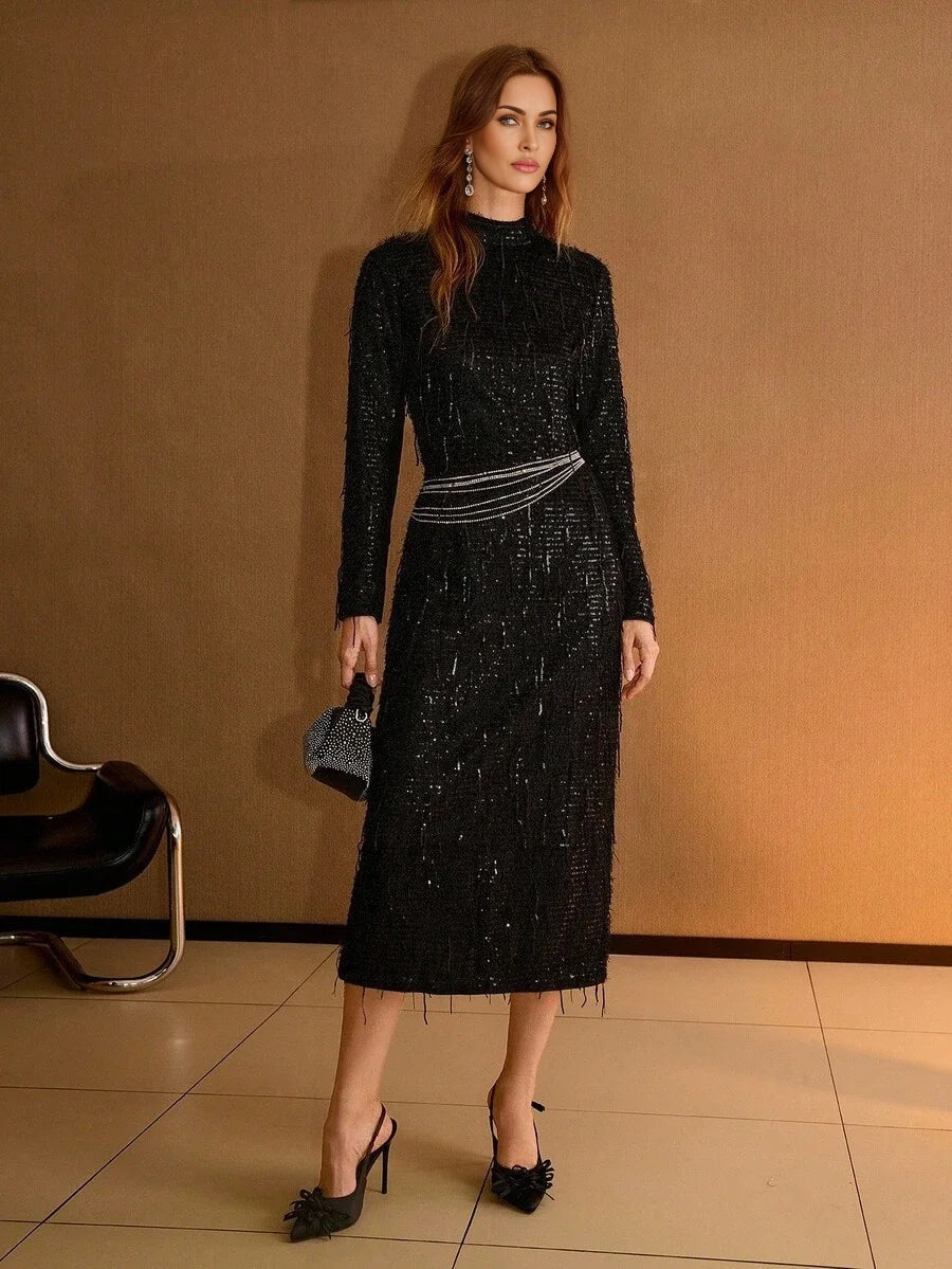 PREMIUM WOMENS SEQUIN TASSEL ELEGANT FITTED DRESS AUTUMNWINTER
