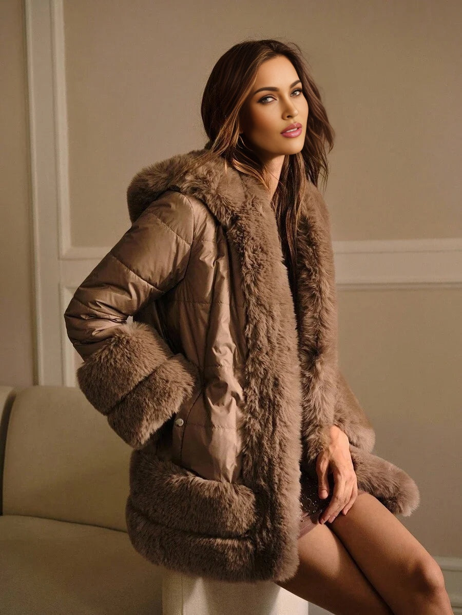 PREMIUM WOMENS SHORT COTTON PADDED COAT WITH HOOD AND FAUX FUR COLLAR AUTUMNWINTER