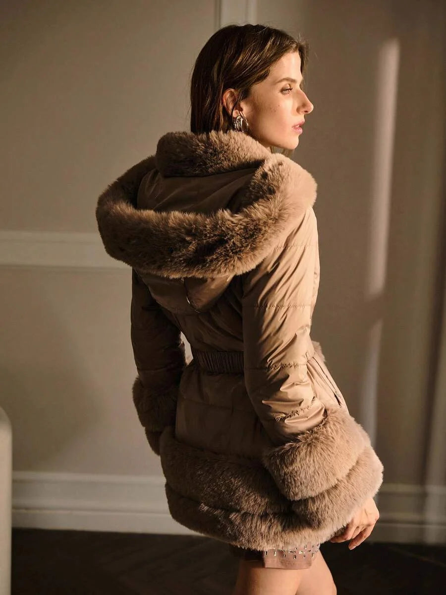 PREMIUM WOMENS SHORT COTTON PADDED COAT WITH HOOD AND FAUX FUR COLLAR AUTUMNWINTER