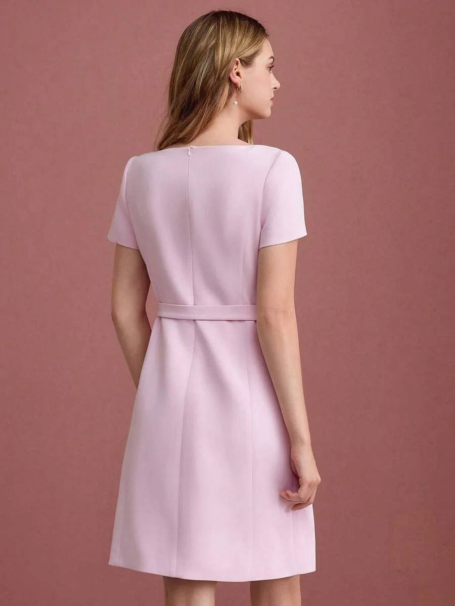 PREMIUM WOMENS SHORT PINK WAIST BELT DECOR MINI DRESS