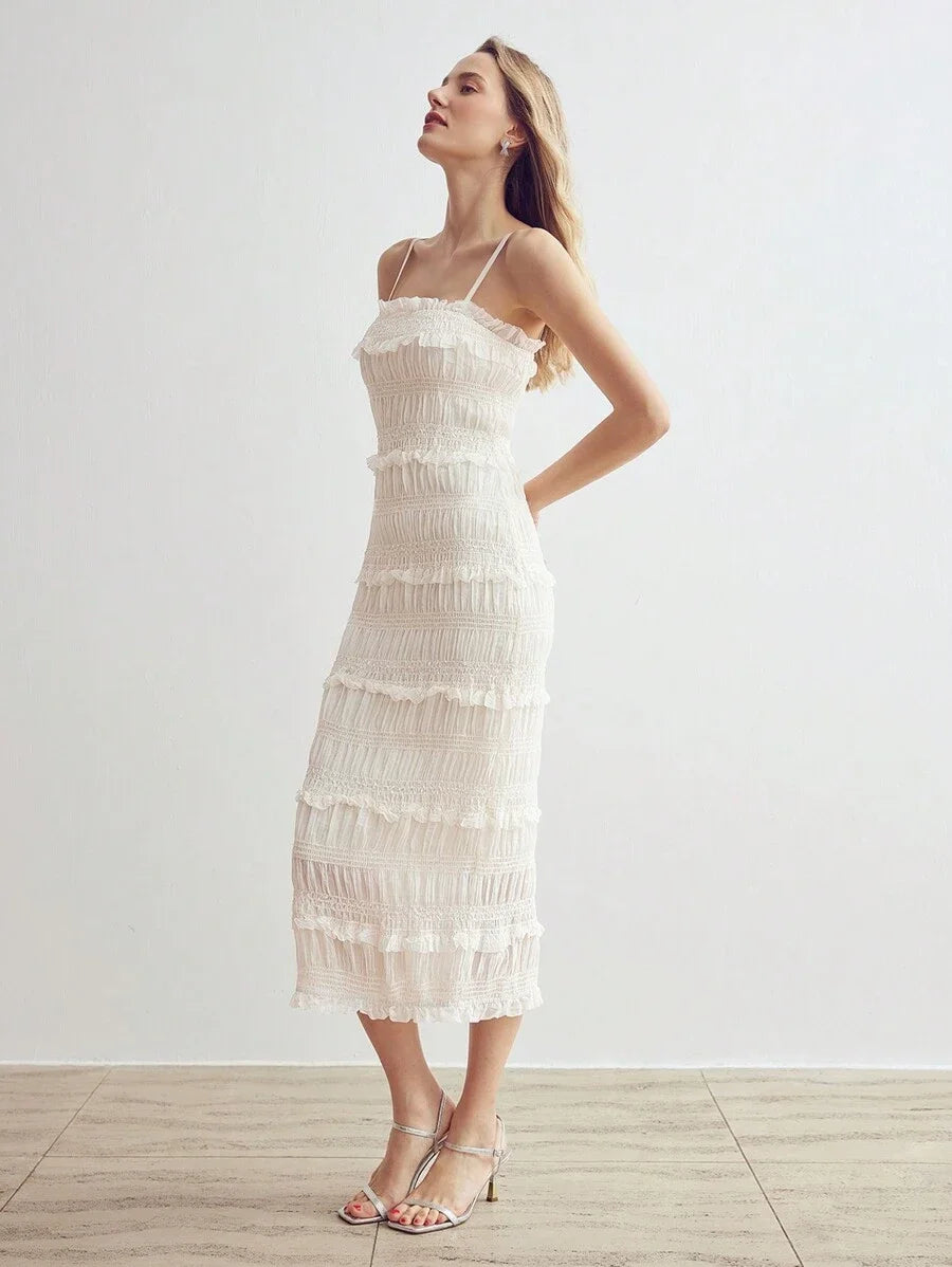 PREMIUM WOMENS SLEEVELESS BODYCON LONG DRESS WITH MULTIPLE TIERED LAYERED FRILL AND SPAGHETTI