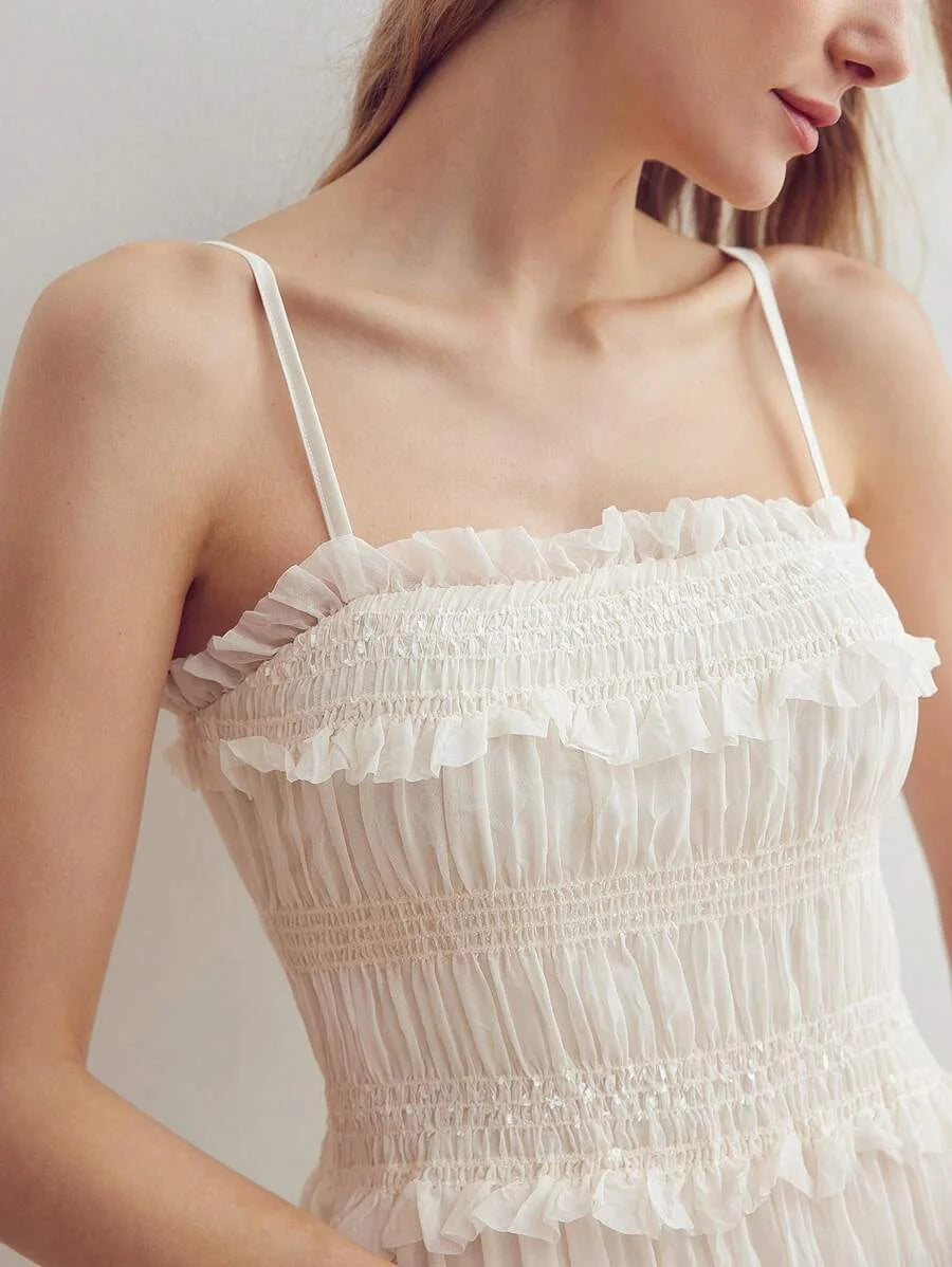 PREMIUM WOMENS SLEEVELESS BODYCON LONG DRESS WITH MULTIPLE TIERED LAYERED FRILL AND SPAGHETTI