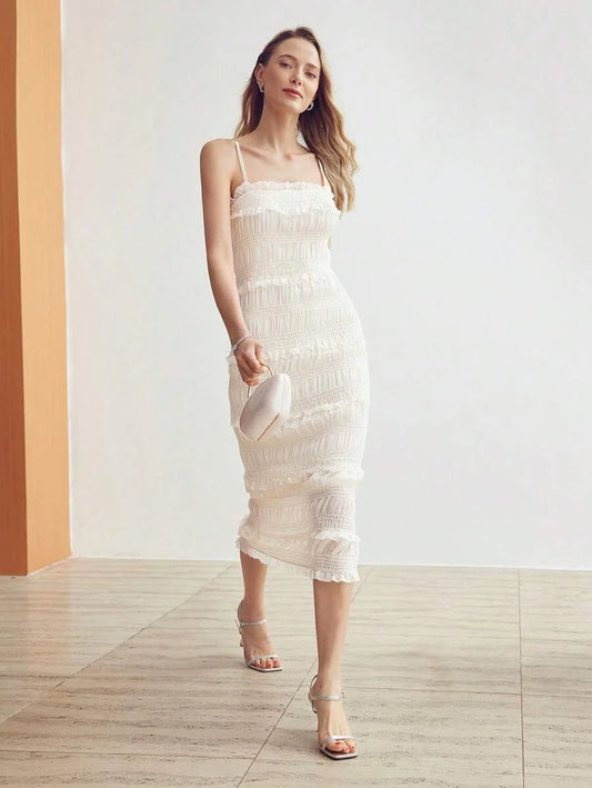 PREMIUM WOMENS SLEEVELESS BODYCON LONG DRESS WITH MULTIPLE TIERED LAYERED FRILL AND SPAGHETTI