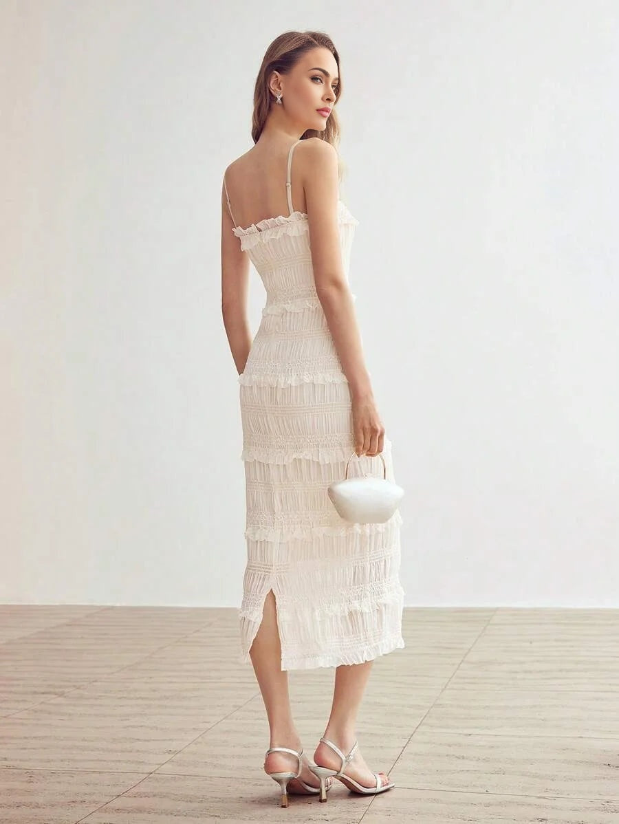 PREMIUM WOMENS SLEEVELESS BODYCON LONG DRESS WITH MULTIPLE TIERED LAYERED FRILL AND SPAGHETTI