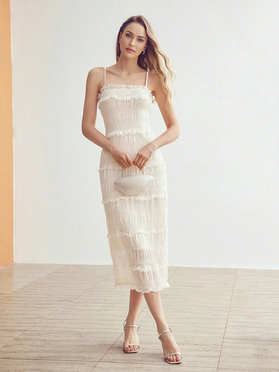 PREMIUM WOMENS SLEEVELESS BODYCON LONG DRESS WITH MULTIPLE TIERED LAYERED FRILL AND SPAGHETTI