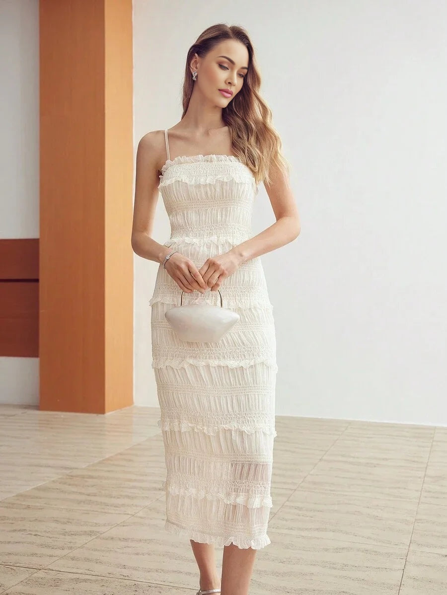 PREMIUM WOMENS SLEEVELESS BODYCON LONG DRESS WITH MULTIPLE TIERED LAYERED FRILL AND SPAGHETTI