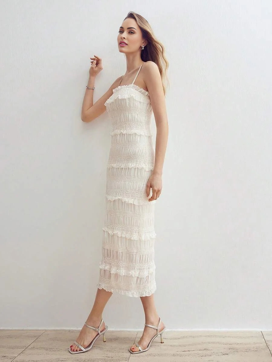 PREMIUM WOMENS SLEEVELESS BODYCON LONG DRESS WITH MULTIPLE TIERED LAYERED FRILL AND SPAGHETTI