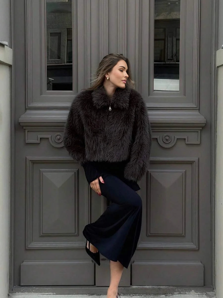 PREMIUM Womens Solid Color Long Sleeve Faux Fur Collar Elegant Jacket AutumnWinter