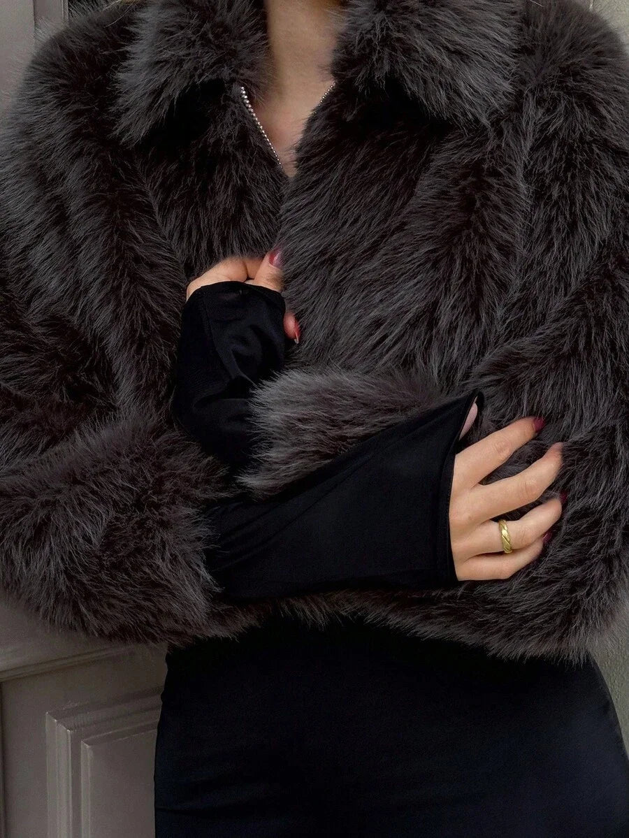 PREMIUM Womens Solid Color Long Sleeve Faux Fur Collar Elegant Jacket AutumnWinter