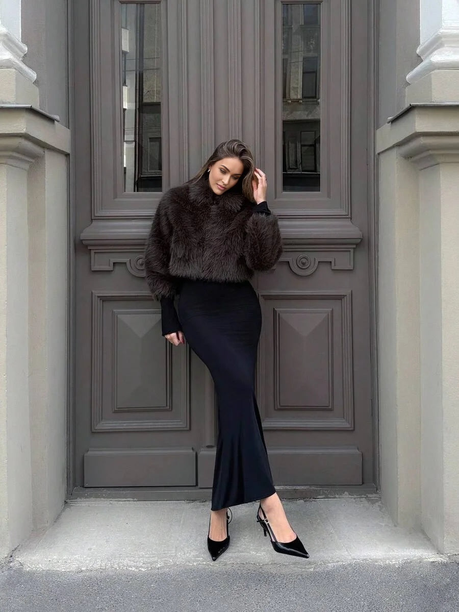 PREMIUM Womens Solid Color Long Sleeve Faux Fur Collar Elegant Jacket AutumnWinter