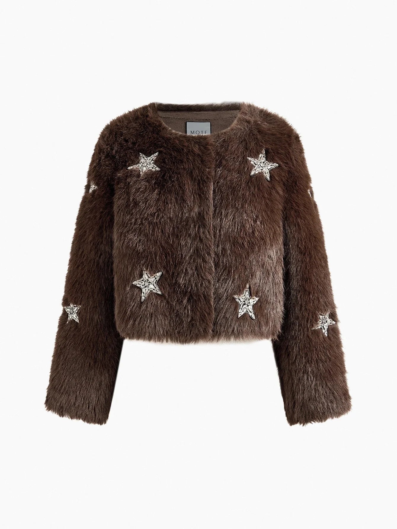 PREMIUM WOMENS STAR RHINESTONE EMBELLISHED FAUX FUR SHORT COAT AUTUMNWINTER