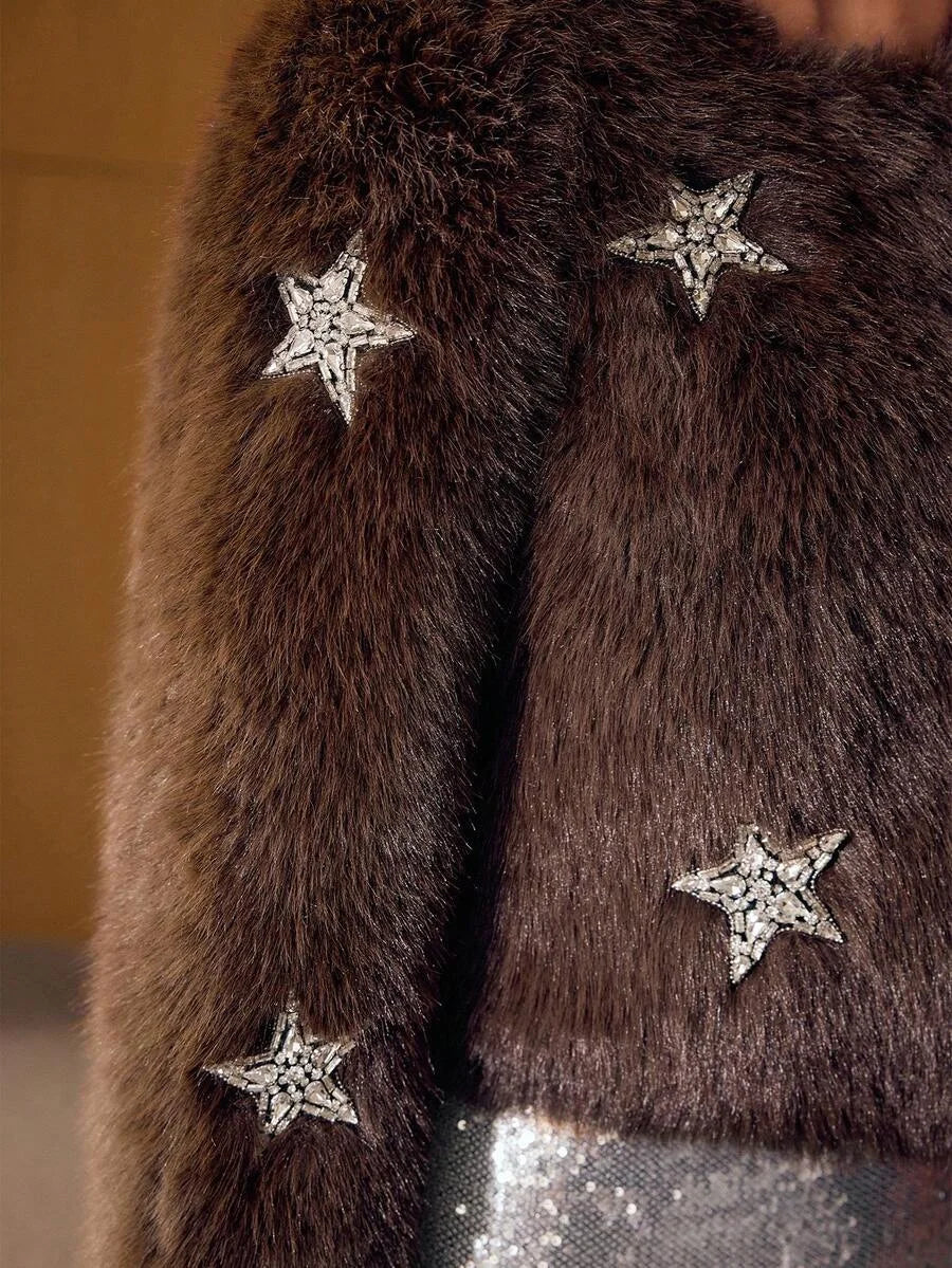 PREMIUM WOMENS STAR RHINESTONE EMBELLISHED FAUX FUR SHORT COAT AUTUMNWINTER
