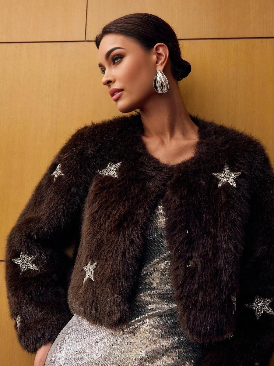 PREMIUM WOMENS STAR RHINESTONE EMBELLISHED FAUX FUR SHORT COAT AUTUMNWINTER