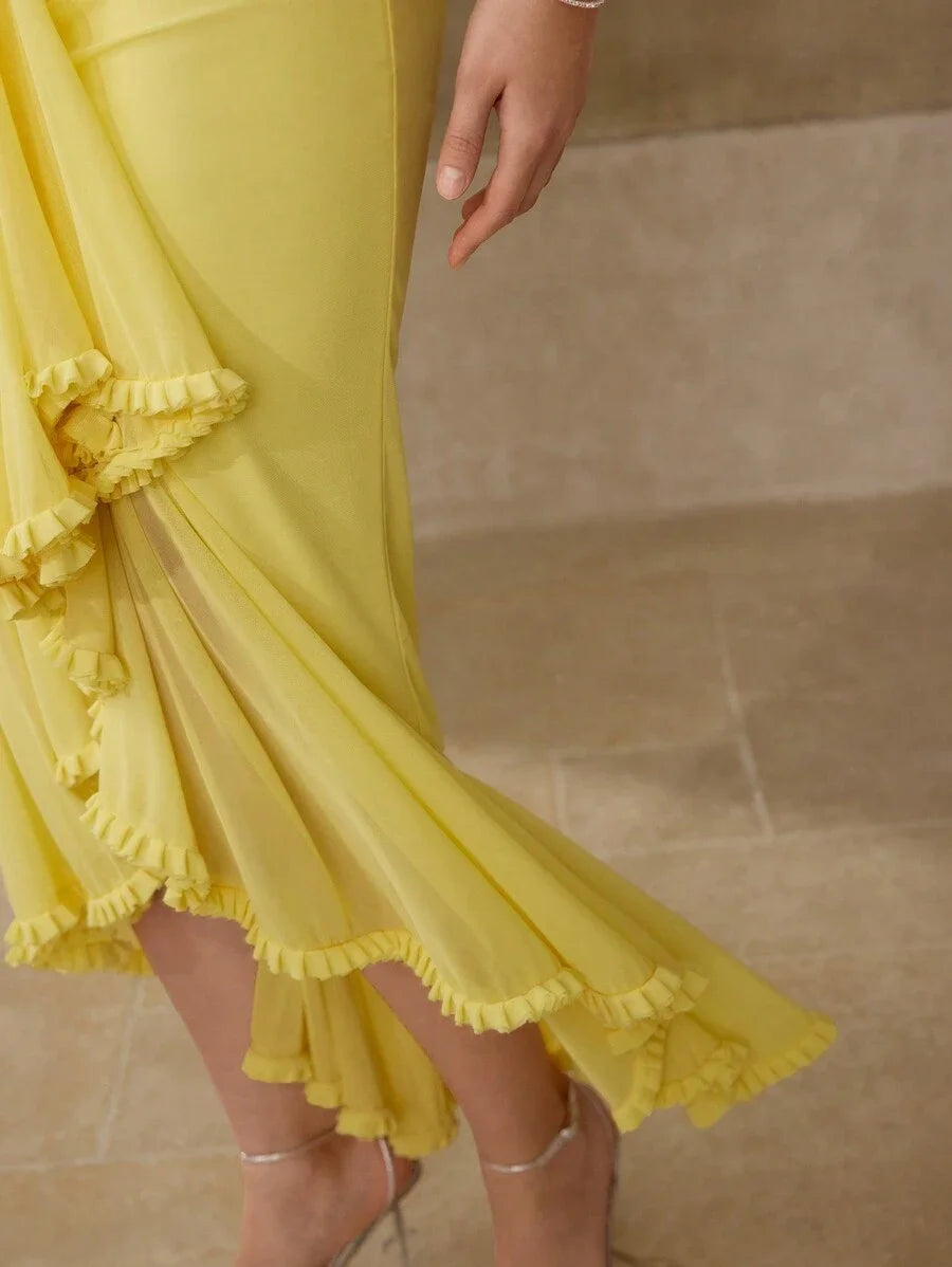 PREMIUM WOMENS STRETCHY KNIT MESH ROMANTIC OFFSHOULDER DRESS