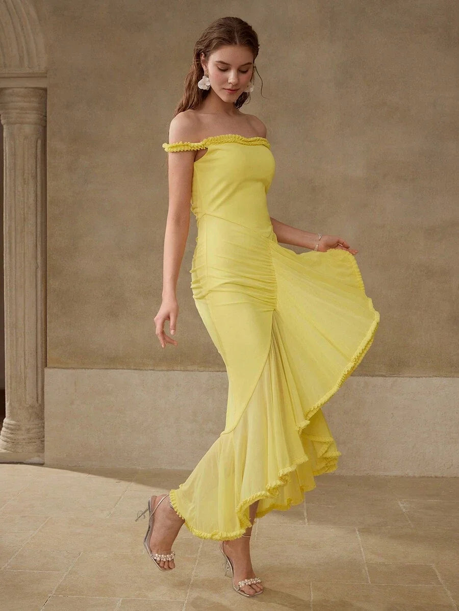 PREMIUM WOMENS STRETCHY KNIT MESH ROMANTIC OFFSHOULDER DRESS
