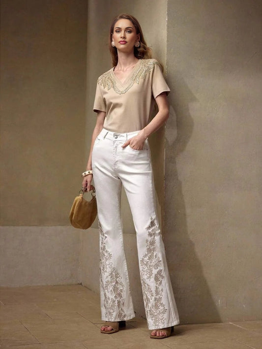 PREMIUM WOMENS SUMMER ELEGANT EMBROIDERED WHITE DENIM FLARE JEANS