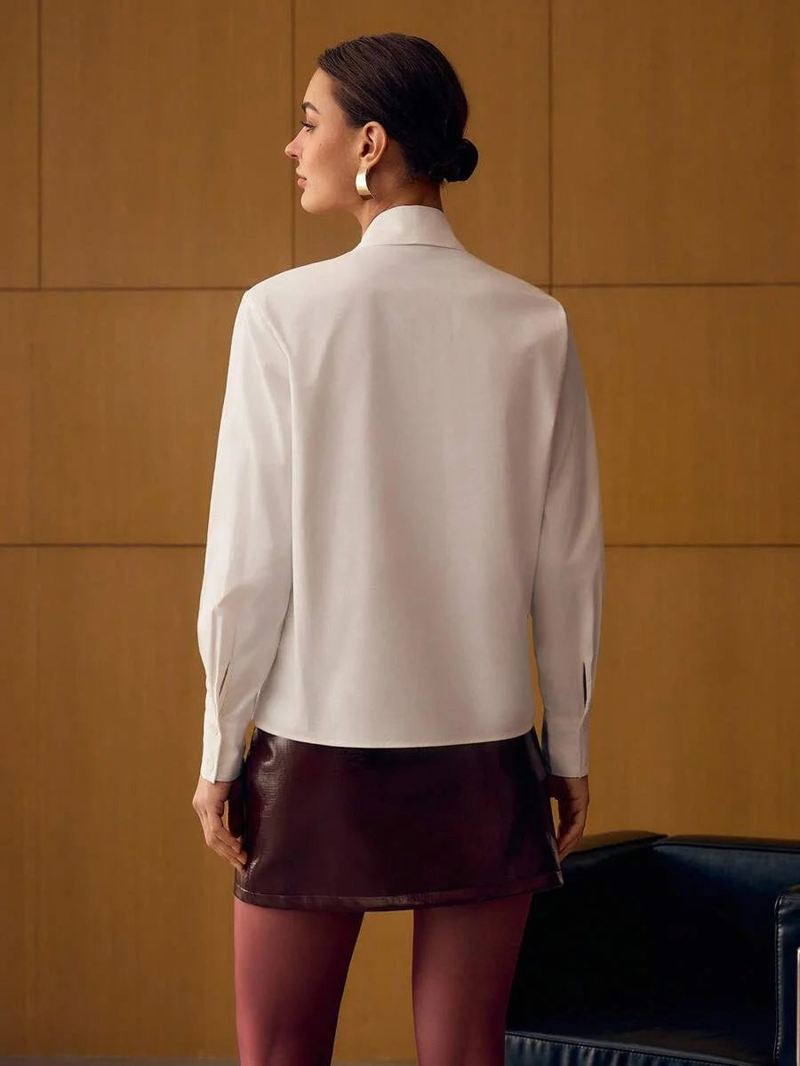 PREMIUM WOMENS TIE NECK SHIRT amp PU LEATHER SKIRT 2PIECE SET