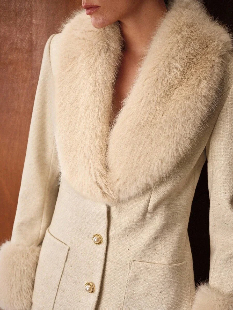 PREMIUM WOMENS WOOL BLEND FAUX FUR PATCHWORK OVERCOAT AUTUMNWINTER