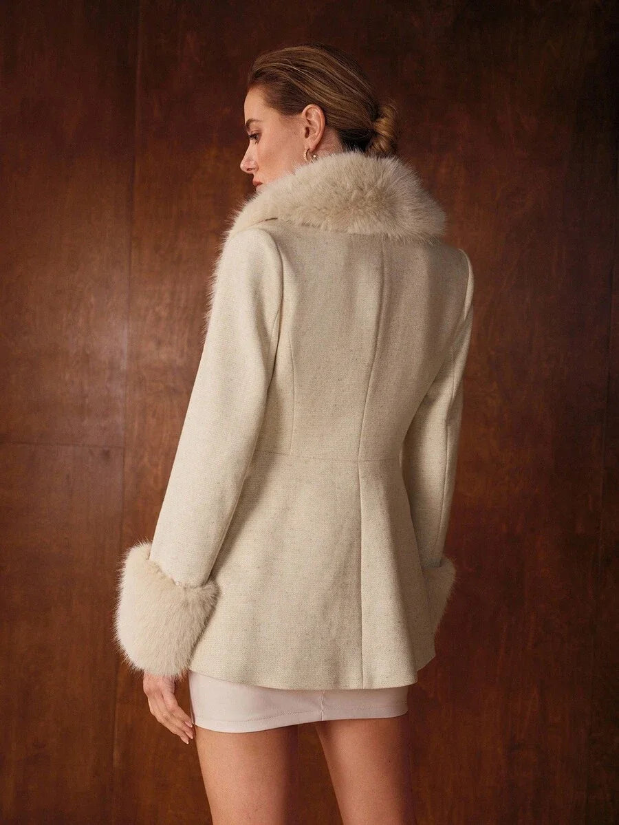 PREMIUM WOMENS WOOL BLEND FAUX FUR PATCHWORK OVERCOAT AUTUMNWINTER