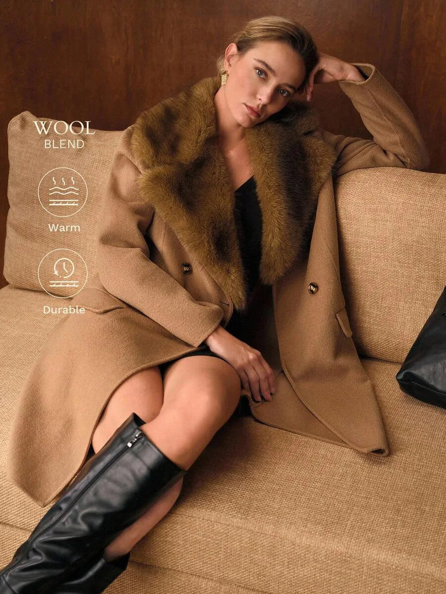 PREMIUM WOMENS WOOL CONTRAST FURRY COLLAR OVERCOAT AUTUMNWINTER