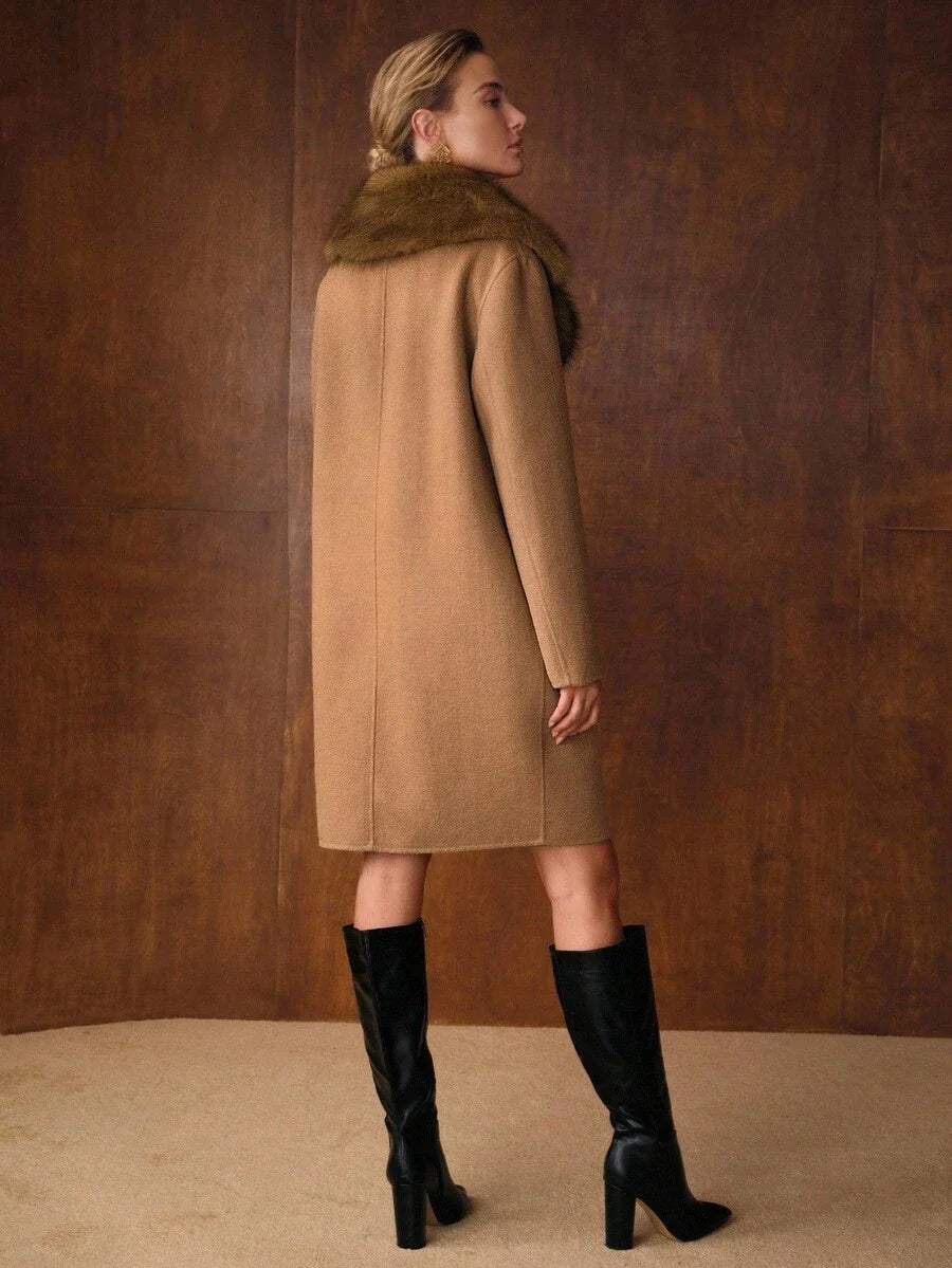 PREMIUM WOMENS WOOL CONTRAST FURRY COLLAR OVERCOAT AUTUMNWINTER