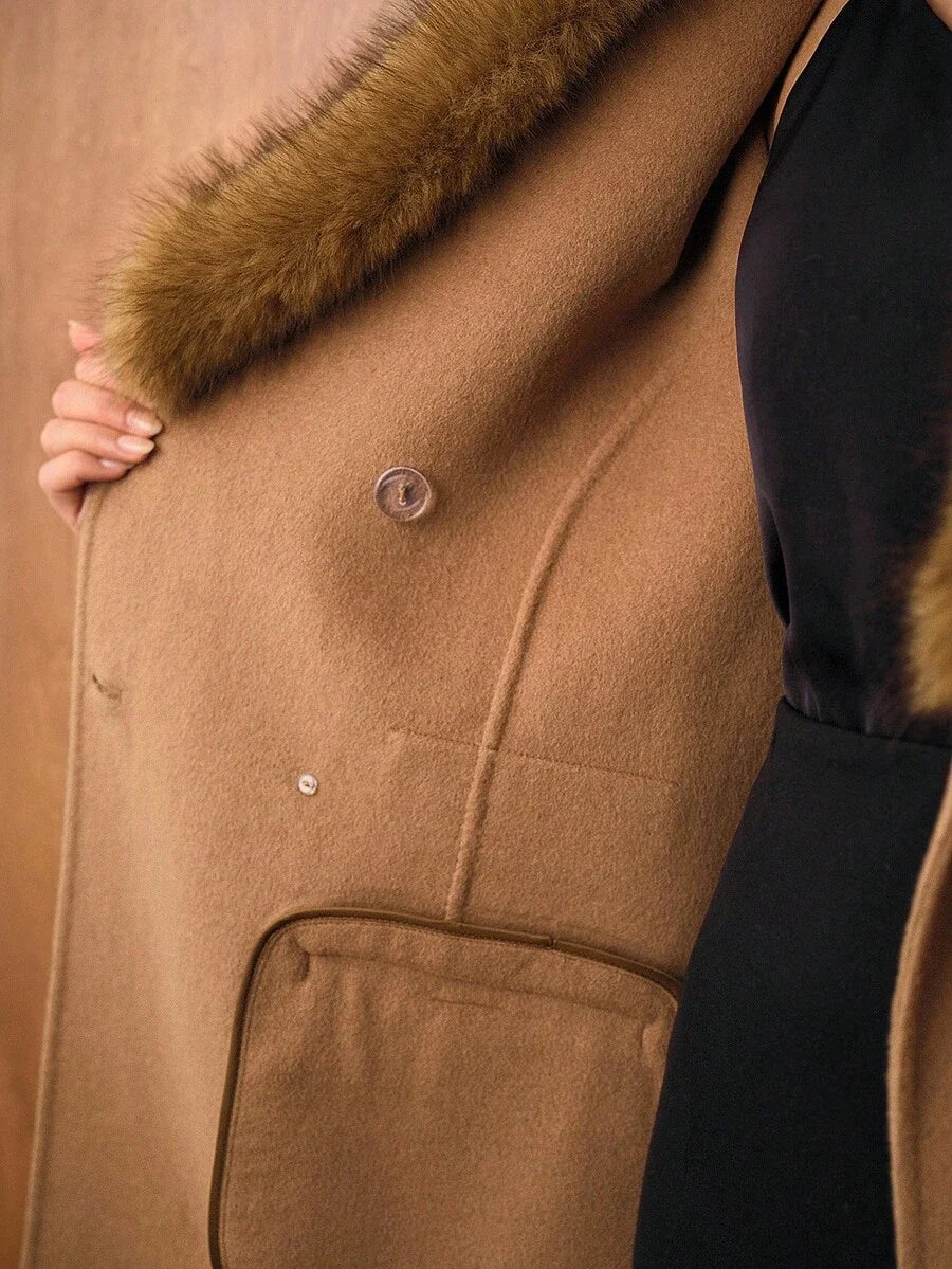 PREMIUM WOMENS WOOL CONTRAST FURRY COLLAR OVERCOAT AUTUMNWINTER